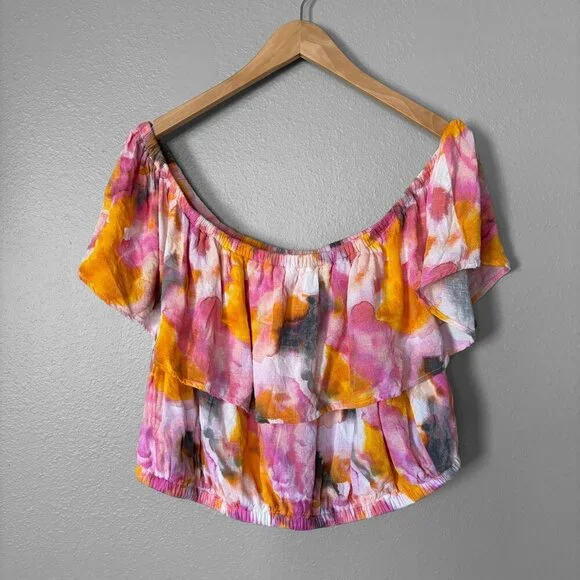 Torrid Multi Watercolor Tie-Dye Off-Shoulder Ruffled Neckline Top Size 2X Boho - Picture 2 of 11